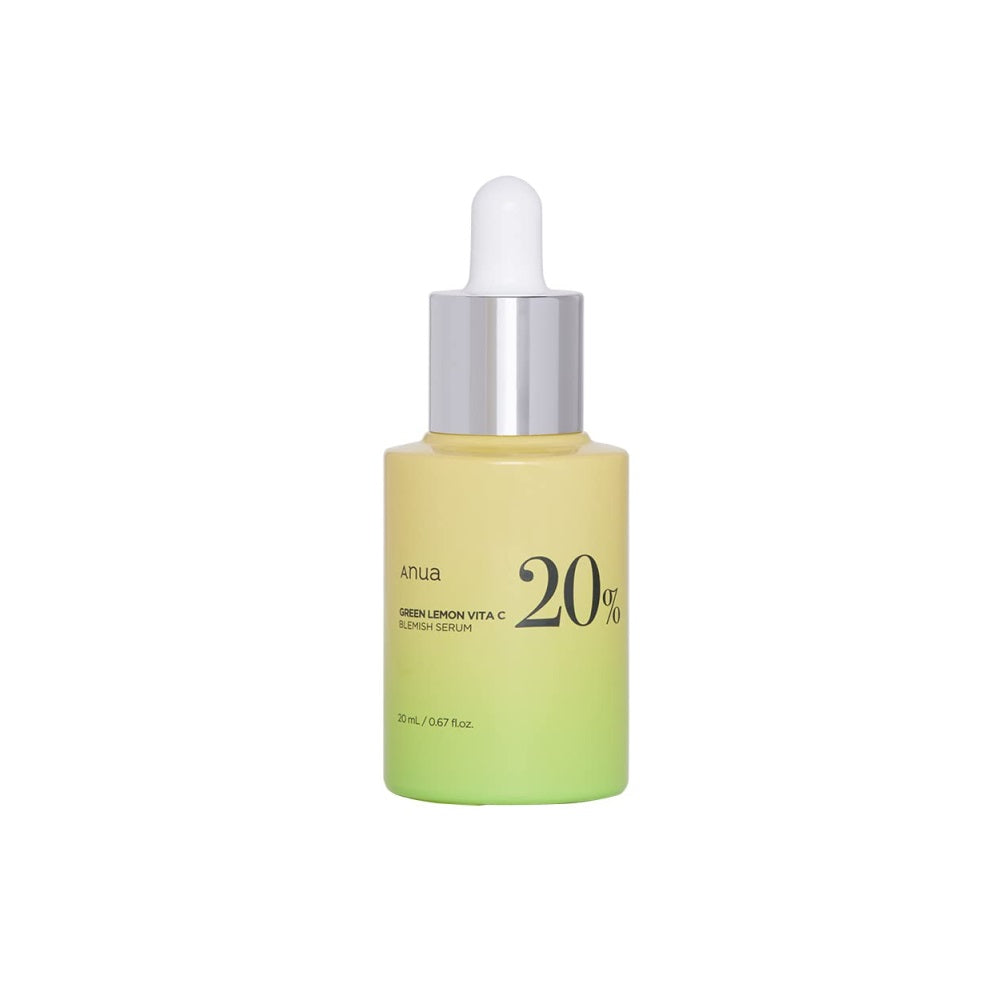 ANUA Green Lemon Vita C Blemish Serum is a brightening serum designed to improve uneven skin tone and reduce the appearance of dark spots. Formulated with Vitamin C and Green Lemon Extract, it helps enhance radiance and support a clearer-looking complexion. Niacinamide works to balance and refine the skin, while Panthenol and Beta-Glucan provide soothing hydration. Hyaluronic Acid helps maintain moisture, leaving the skin smooth, refreshed, and glowing.&nbsp;