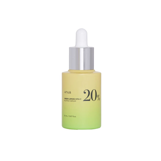 ANUA Green Lemon Vita C Blemish Serum is a brightening serum designed to improve uneven skin tone and reduce the appearance of dark spots. Formulated with Vitamin C and Green Lemon Extract, it helps enhance radiance and support a clearer-looking complexion. Niacinamide works to balance and refine the skin, while Panthenol and Beta-Glucan provide soothing hydration. Hyaluronic Acid helps maintain moisture, leaving the skin smooth, refreshed, and glowing.&nbsp;
