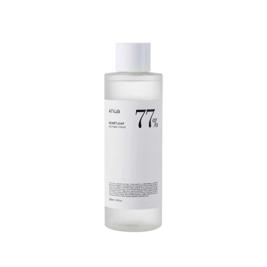 ANUA Heartleaf 77% Soothing Toner is a calming and hydrating toner designed to soothe irritation and balance the skin. Formulated with 77% Houttuynia Cordata Extract, it helps reduce redness and support a healthy skin barrier. Panthenol and Betaine provide lightweight hydration, while Centella Asiatica and botanical extracts help calm and refresh the skin. The gentle, watery texture absorbs quickly, leaving skin soft, balanced, and comfortable. Apply to clean skin using hands or a cotton pad. Use daily, mor