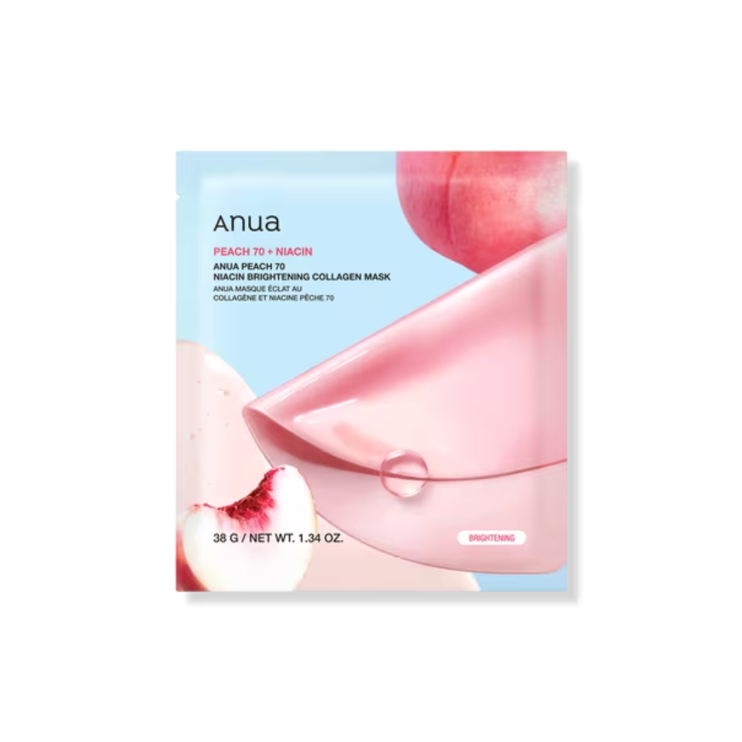 ANUA Peach 70 Niacin Brightening Collagen Mask is a radiance-boosting sheet mask infused with 70% Peach Fruit Water, Niacinamide, and Collagen to hydrate, brighten, and revitalize dull skin. Enriched with a blend of Hyaluronic Acids and Peach Flower Extract, it helps improve skin tone and elasticity while leaving the skin dewy and refreshed. Ideal for dry, dull, and tired skin.