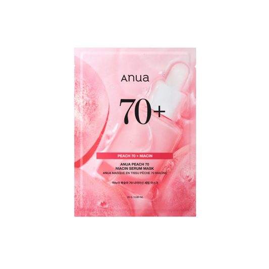 ANUA Peach 70 Niacin Serum Mask is a brightening and hydrating sheet mask infused with 70% Peach Fruit Extract and Niacinamide to revitalize dull skin and even out skin tone. Enriched with Hyaluronic Acid, Ceramide NP, and fermented ingredients, it deeply moisturizes and strengthens the skin barrier. This mask leaves your skin looking fresh, glowing, and smooth after just one use.