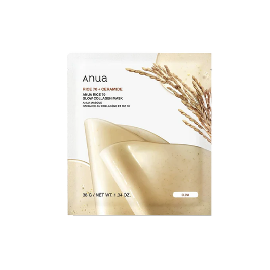 ANUA Rice 70 Glow Collagen Mask is a nourishing sheet mask enriched with 70% rice bran water to brighten and smooth dull skin. Infused with Niacinamide, Soluble Collagen, and multiple forms of Hyaluronic Acid, it delivers deep hydration and helps improve elasticity. Soothing ingredients like Allantoin and Panthenol calm the skin, while Ceramides and Rice Protein support a healthy barrier. The result is a radiant, plump, and glowing complexion.