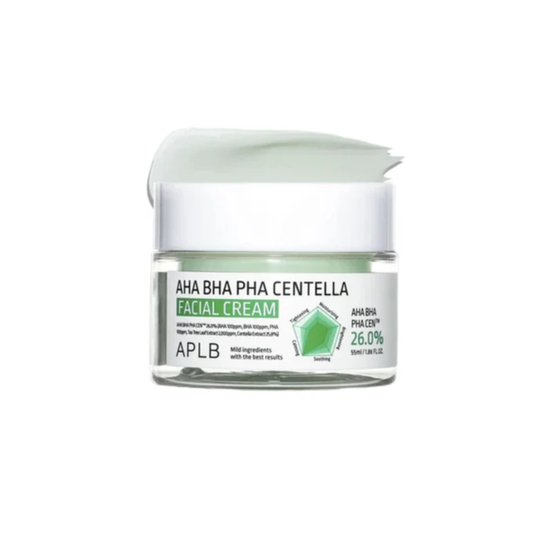 APLB AHA BHA PHA Centella Facial Cream is a soothing moisturizer made to hydrate, calm, and gently improve the look of rough or congested skin. Formulated with Centella Asiatica Leaf Water, AHA, BHA, PHA, Squalane, Beta-Glucan, Sodium Hyaluronate, Shea Butter, and Macadamia Seed Oil, it helps smooth uneven texture, care for clogged pores, and support clearer-looking skin. The moisturizing formula helps keep the skin soft, balanced, and comfortable while supporting the skin barrier. Best suited for dull, tex