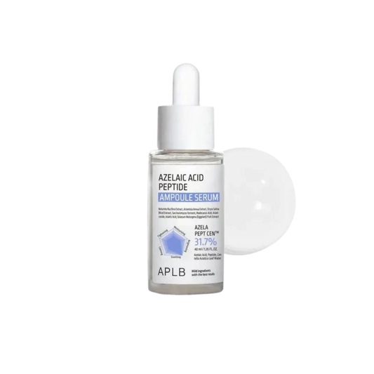 APLB Azelaic Acid Peptide Ampoule Serum is a lightweight treatment serum made to help improve the look of blemishes, redness, uneven tone, and rough texture. Formulated with Azelaic Acid, Peptides, Centella Asiatica Leaf Water, Tea Tree Extract, Panthenol, Squalane, and Hyaluronic Acid, it helps calm irritated skin, balance excess oil, support the skin barrier, and keep the skin hydrated. This serum is ideal for oily, acne-prone, sensitive, textured, and redness-prone skin that needs clearer, smoother, and 