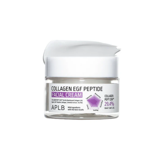 APLB Collagen EGF Peptide Facial Cream is a nourishing anti-aging moisturizer that helps firm, hydrate, and repair the skin. Formulated with Centella Asiatica Extract, Hydrolyzed Collagen, and EGF, it supports skin regeneration, improves elasticity, and smooths fine lines. Enriched with Shea Butter, Macadamia Oil, and Squalane, this cream deeply moisturizes, while Tea Tree, Rice, and Lotus Extracts soothe and balance the skin. Lightweight yet rich in nutrients, it leaves the complexion soft, resilient, and 