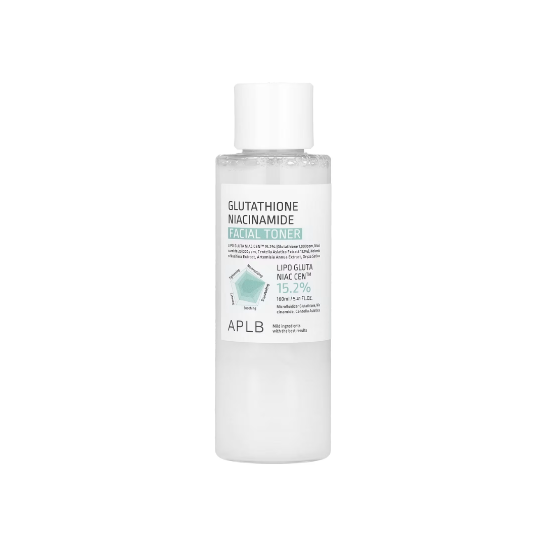 APLB Glutathione Niacinamide Facial Toner brightens and smooths skin tone using 20,000 ppm of Niacinamide and 1,000 ppm of Glutathione to reduce dark spots and even complexion. Infused with Centella Asiatica and Tea Tree Leaf Extracts, it calms the skin while Squalane and Cholesterol deeply moisturize and strengthen the skin barrier. Suitable for all skin types, this toner promotes elasticity and a radiant glow.