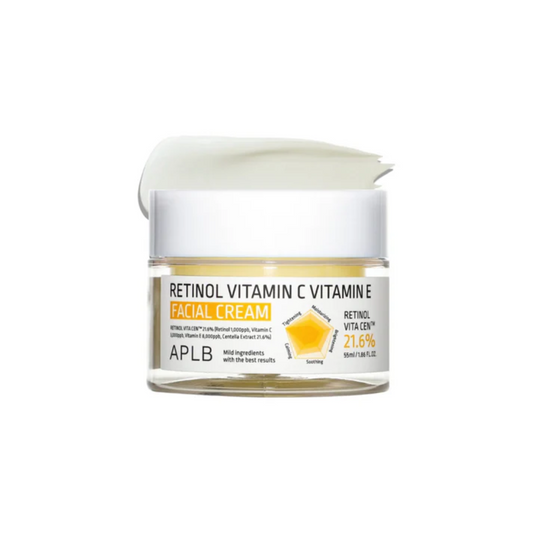 APLB Retinol Vitamin C Vitamin E Facial Cream is a rejuvenating moisturizer that targets fine lines, uneven tone, and dullness. Formulated with Retinol, Vitamin C, and Vitamin E, it boosts collagen production, brightens the complexion, and provides antioxidant protection. Enriched with Centella Asiatica Leaf Water, Hydrolyzed Collagen, and Squalane, it soothes, hydrates, and strengthens the skin barrier. With Shea Butter, Macadamia Oil, and Beta-Glucan, this cream nourishes deeply while leaving the skin smo