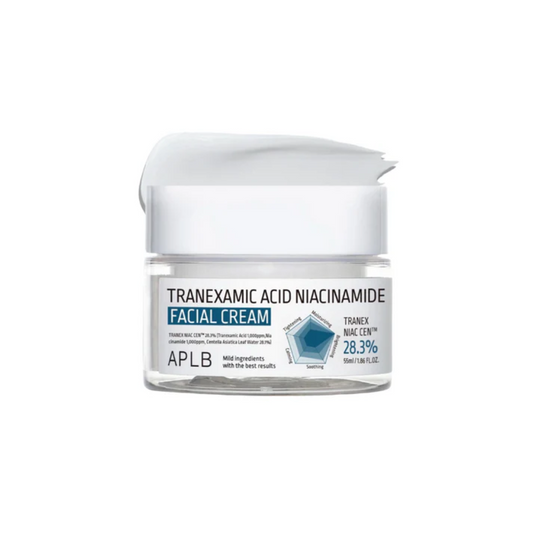 APLB Tranexamic Acid Niacinamide Facial Cream is a brightening moisturizer designed to even out skin tone and improve radiance. Powered by Tranexamic Acid and Niacinamide, it helps fade dark spots, reduce hyperpigmentation, and restore clarity. With Centella Asiatica Leaf Water (28.1%), Collagen, and Squalane, it soothes, hydrates, and strengthens the skin barrier. Enriched with Shea Butter, Macadamia Oil, and Beta-Glucan, this cream nourishes deeply while leaving the skin soft, smooth, and glowing. Suitabl