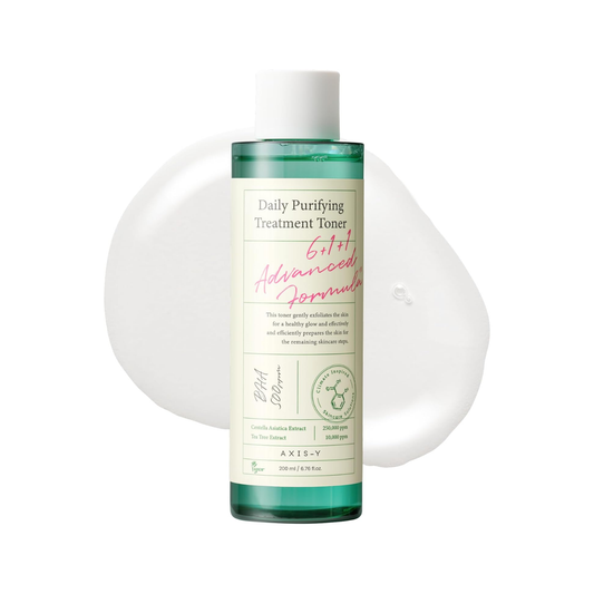 AXIS-Y Daily Purifying Treatment Toner is a soothing clarifying toner made to refresh and balance troubled skin. Enriched with Centella Asiatica Extract, Tea Tree Extract, Aloe Leaf Water, Sodium Hyaluronate, Salicylic Acid, Sugar Cane Extract, and Lotus Extract, it helps gently exfoliate, calm irritation, hydrate, and improve the look of clogged pores and dullness. Ideal for oily, combination, acne-prone, and blemish-prone skin.