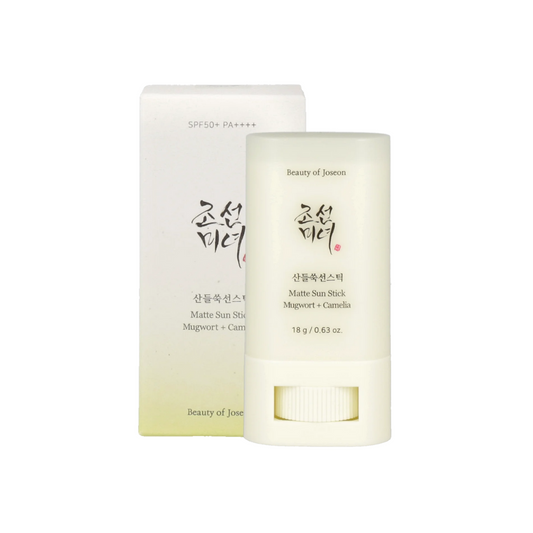 BEAUTY OF JOSEON Matte Sun Stick: Mugwort + Camellia delivers powerful sun protection in a convenient stick format with a matte finish. Enriched with Mugwort Extract and Camellia Seed Oil, it soothes and hydrates the skin while controlling excess shine. Lightweight and non-greasy, this sun stick is perfect for on-the-go application, leaving your skin protected and refreshed without any sticky residue. Ideal for all skin types, especially oily and combination skin.