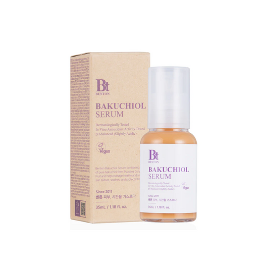 BENTON Bakuchiol Serum is a gentle anti-aging serum designed to improve skin elasticity and smooth the appearance of fine lines without irritation. Formulated with Bakuchiol, a plant-based alternative to retinol, it helps refine skin texture and promote a firmer-looking complexion. Niacinamide helps brighten and even out skin tone, while Glycerin and Caprylic/Capric Triglyceride provide lightweight hydration. Allantoin soothes and comforts the skin, leaving it soft, smooth, and balanced.