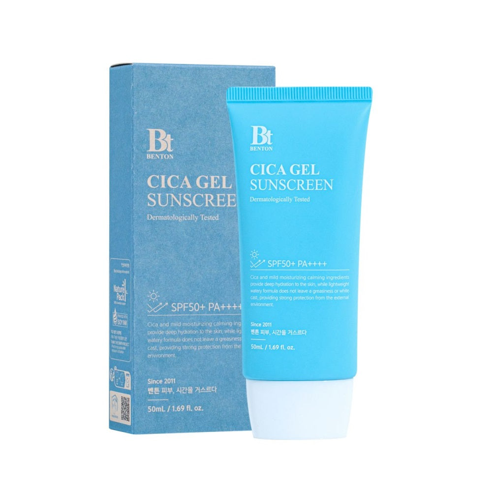 BENTON Cica Gel Sunscreen offers high-level SPF50+ PA++++ protection while soothing and hydrating the skin. Infused with Centella Asiatica Extract (Cica) and its key components like Asiaticoside and Madecassic Acid, this lightweight gel sunscreen calms irritated skin, making it perfect for sensitive skin types. Enriched with Hyaluronic Acid and Panthenol, it provides deep hydration without a greasy finish. The non-sticky formula absorbs quickly, leaving the skin protected, refreshed, and smooth. Ideal for d