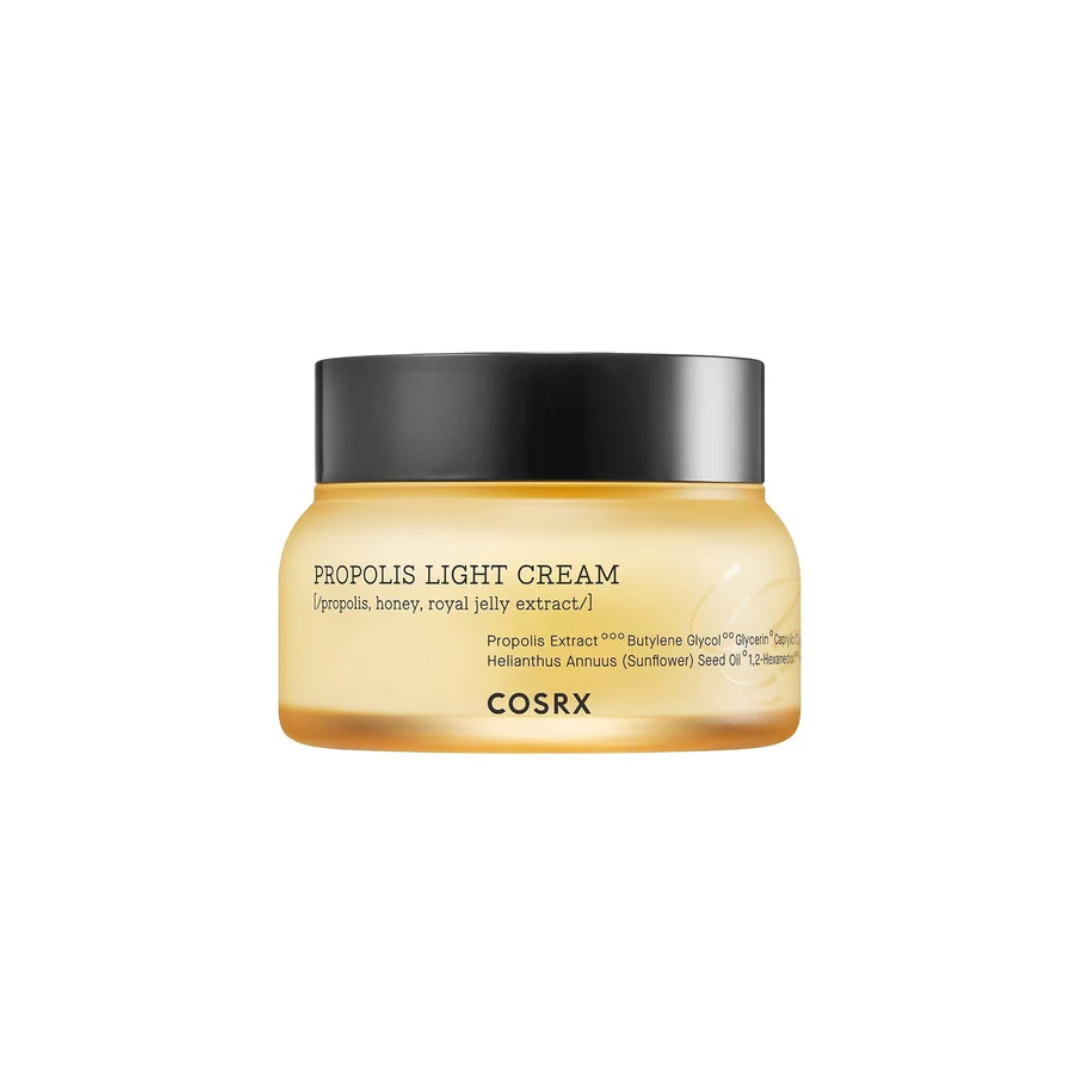 COSRX Full Fit Propolis Light Cream is a nourishing yet lightweight moisturizer enriched with Propolis Extract, Honey, and Royal Jelly to hydrate, soothe, and revitalize tired skin. Infused with Sunflower Seed Oil and Beeswax, it strengthens the skin barrier without feeling greasy. Ideal for all skin types, especially dry and dull skin in need of a radiant boost.