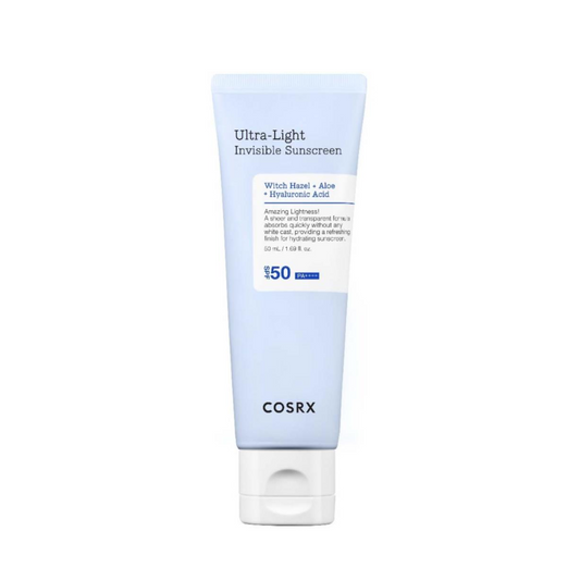 COSRX Ultra Light Invisible Sunscreen delivers powerful sun protection in a lightweight, non-greasy formula. Enriched with Aloe Barbadensis Leaf Water and Niacinamide, it soothes and brightens the skin while maintaining hydration. Sodium Hyaluronate and Allantoin provide additional moisture and calming benefits, ensuring skin stays soft and nourished throughout the day. Featuring advanced UV filters, this sunscreen offers broad-spectrum protection against harmful rays without leaving a white cast. Perfect f