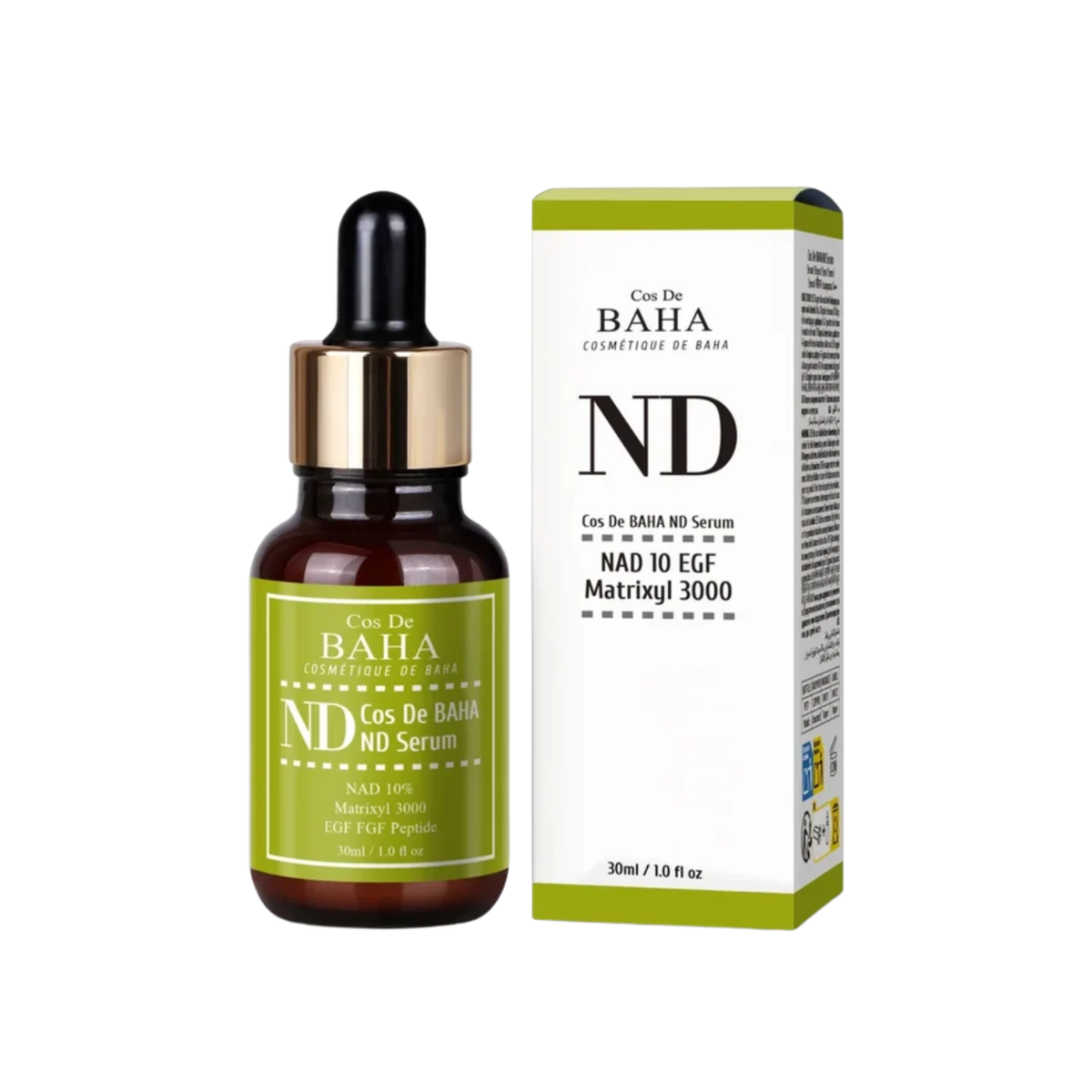 COS DE BAHA NAD 10 EGF Matrixyl 3000 Serum is a lightweight Korean treatment that helps improve firmness, elasticity, fine lines, and rough texture. Powered by NAD, EGF, Matrixyl 3000, Niacinamide, Adenosine, and Madecassoside, it supports smoother, firmer-looking skin while hydrating ingredients like Panthenol, Betaine, Allantoin, and Hyaluronic Acid help keep skin soft and comfortable. The fast-absorbing texture layers easily into any routine. Best for: mature, dull, dry, dehydrated, textured, and tired-l