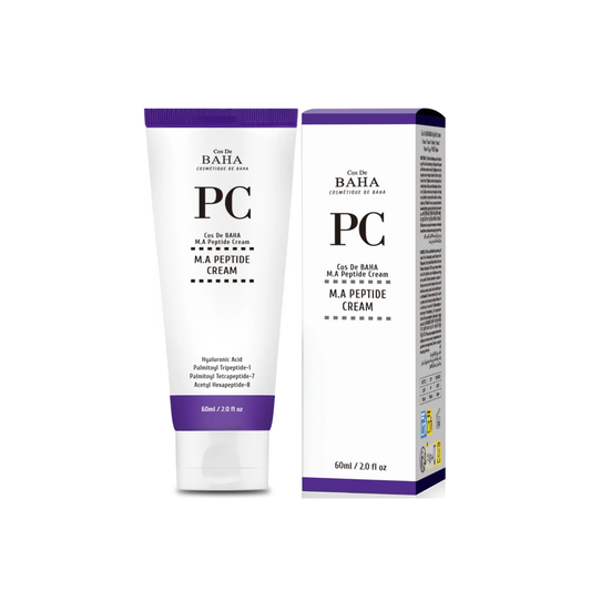 COS DE BAHA (PC) M.A Peptide Cream is a firming moisturizer designed to target wrinkles, loss of elasticity, and dullness. Powered by Matrixyl 3000 and Argireline Peptide, it helps improve the look of firmness and smooth fine lines for a more youthful appearance. Niacinamide and Hyaluronic Acid help brighten and hydrate, while Ceramide NP, Squalane, Panthenol, and Aloe support a healthy moisture barrier. The fast-absorbing texture leaves skin soft, smooth, and refreshed. Ideal for mature, dry, and dehydrate