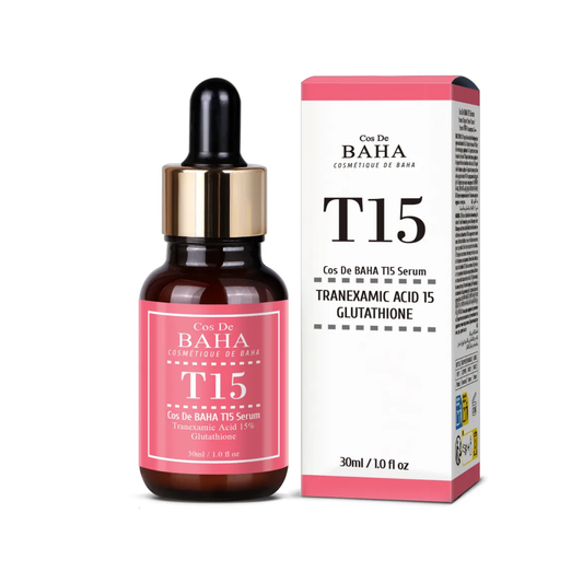 COS DE BAHA (T15) 15% Tranexamic Acid Glutathione Serum is a lightweight brightening serum made to improve the look of dark spots, dullness, and uneven skin tone. Enriched with 15% Tranexamic Acid, Glutathione, Panthenol, Allantoin, Hyaluronic Acid, Green Tea Extract, and soothing botanical extracts, it helps hydrate, calm, and support a clearer, more radiant-looking complexion. Ideal for dull, uneven, normal, combination, and pigmentation-prone skin.