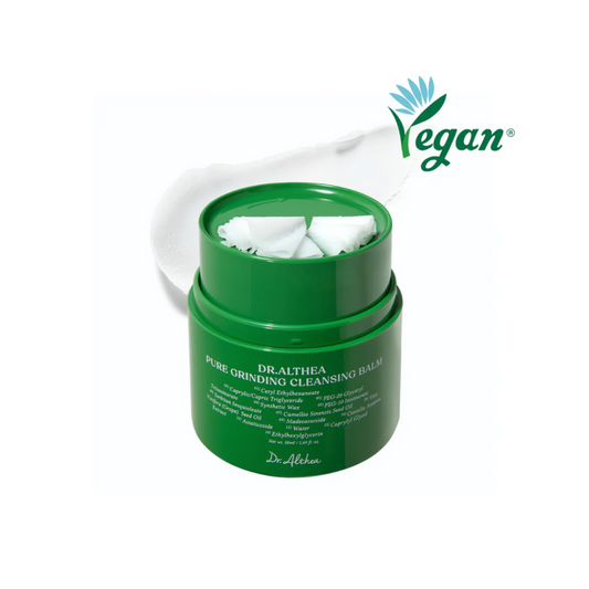 DR. ALTHEA Pure Grinding Cleansing Balm is a gentle, nourishing balm that melts away makeup, sunscreen, and impurities without stripping the skin. Infused with Green Tea Seed Oil and Grape Seed Oil, it helps hydrate and soften, while Centella Asiatica Extract and Madecassoside soothe and support the skin barrier. The balm transforms into a silky texture upon contact, leaving skin clean, refreshed, and comfortable.