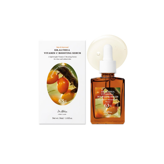 DR. ALTHEA Vitamin C Boosting Serum is powered by a 63% Vita Boosting Complex with 9 essential vitamins and nutrient-rich Hippophae Rhamnoides Fruit Extract to energize and replenish the skin. Formulated with 45,000ppm of brightening agents, including Niacinamide, Tranexamic Acid, and Alpha-Arbutin, it targets dark spots, blemishes, and uneven skin tone. Added Centella Asiatica, multiple forms of Hyaluronic Acid, and Ceramide NP deliver deep hydration, soothe irritation, and reinforce the skin barrier, reve