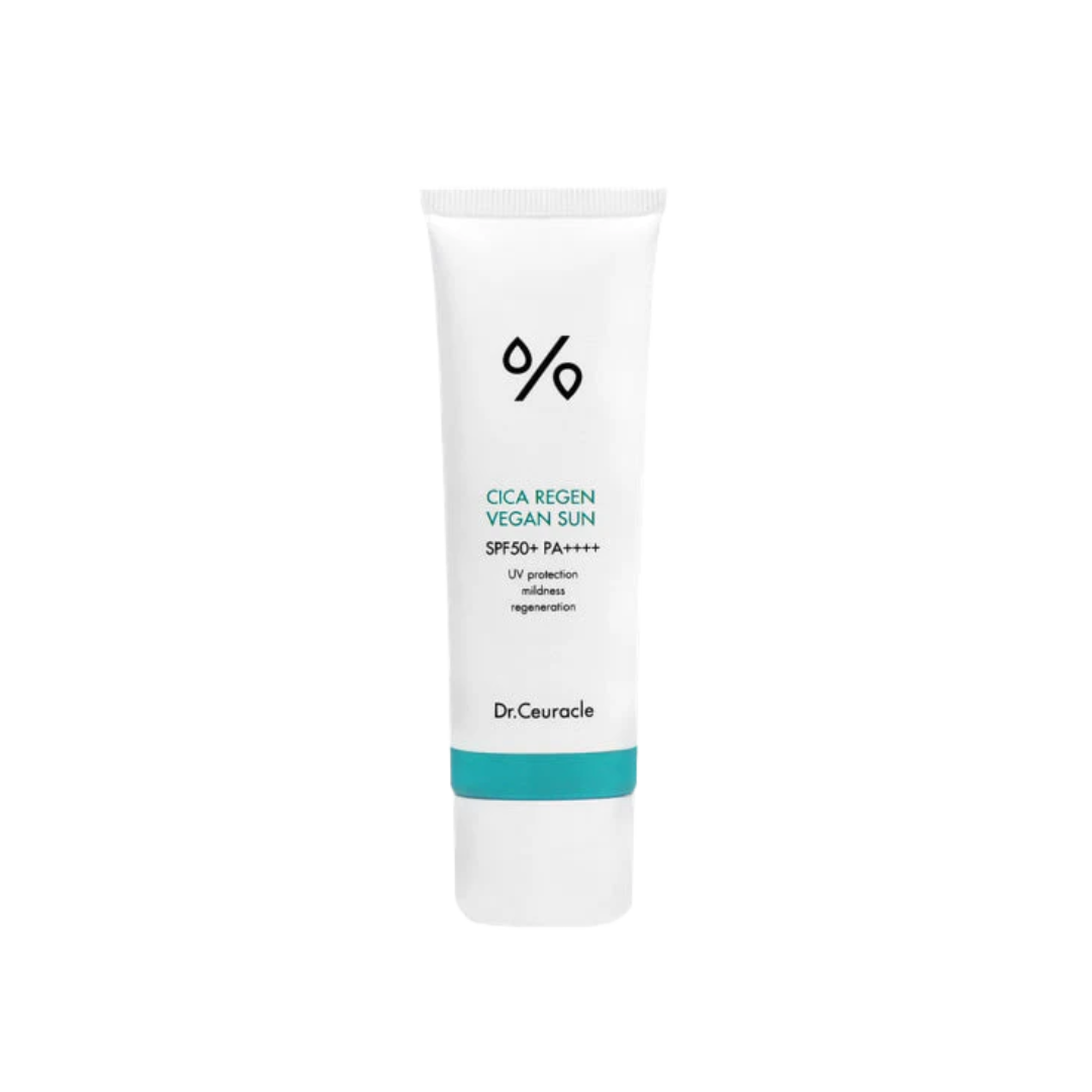 DR. CEURACLE Cica Regen Vegan Sun Cream offers gentle, vegan-friendly sun protection with SPF 50+ PA++++. Infused with Centella Asiatica Extract and its derivatives like Madecassoside and Asiaticoside, it soothes and calms sensitive or irritated skin. The addition of Niacinamide brightens the complexion, while Hibiscus Sabdariffa Flower Extract and Nelumbium Speciosum Flower Extract deliver hydration and antioxidant benefits. Lightweight yet nourishing, its formula includes Glycerin and Butylene Glycol for 