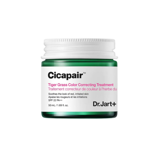 DR. JART+ Cicapair Tiger Grass Color Correcting Treatment is a calming, color-correcting cream that neutralizes redness and evens out skin tone. Powered by Centella Asiatica (Tiger Grass) and botanical extracts, it soothes and strengthens sensitive skin. This treatment also includes SPF protection and mineral pigments that adapt to your skin tone, leaving a natural, radiant finish. Ideal for sensitive or redness-prone skin, it provides a balanced and refreshed look.