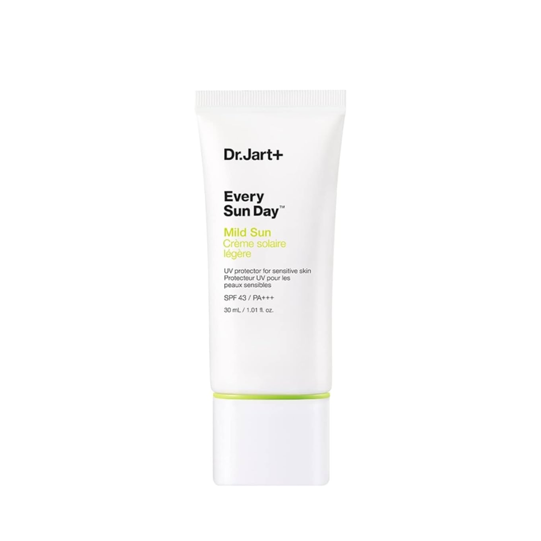 DR. JART+ Every Sun Day Mild Sun is a gentle and effective sunscreen designed for daily use on sensitive skin. With Zinc Oxide and Titanium Dioxide, it provides robust broad-spectrum UV protection while being kind to the skin. Enriched with Buddleja Davidii Extract and Hydrolyzed Vegetable Protein, it soothes and nourishes while strengthening the skin barrier. The lightweight, non-sticky formula ensures a comfortable wear, while Glycerin and Pentylene Glycol offer hydration. Infused with natural oils like C