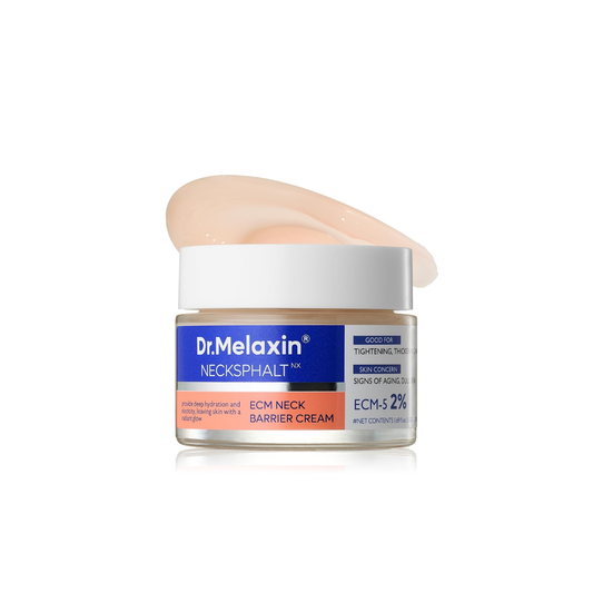 DR. MELAXIN Necksphalt ECM Ceramide Neck Cream is a nourishing treatment designed to improve the appearance of neck firmness and smoothness. Formulated with Ceramide NP, Niacinamide, and Hyaluronic Acid, it helps hydrate and strengthen the skin barrier while supporting a smoother, more radiant look. A blend of peptides and Hydrolyzed Elastin helps support skin elasticity, while antioxidant ingredients help maintain healthy-looking skin. The lightweight cream absorbs comfortably, leaving the neck area hydrat