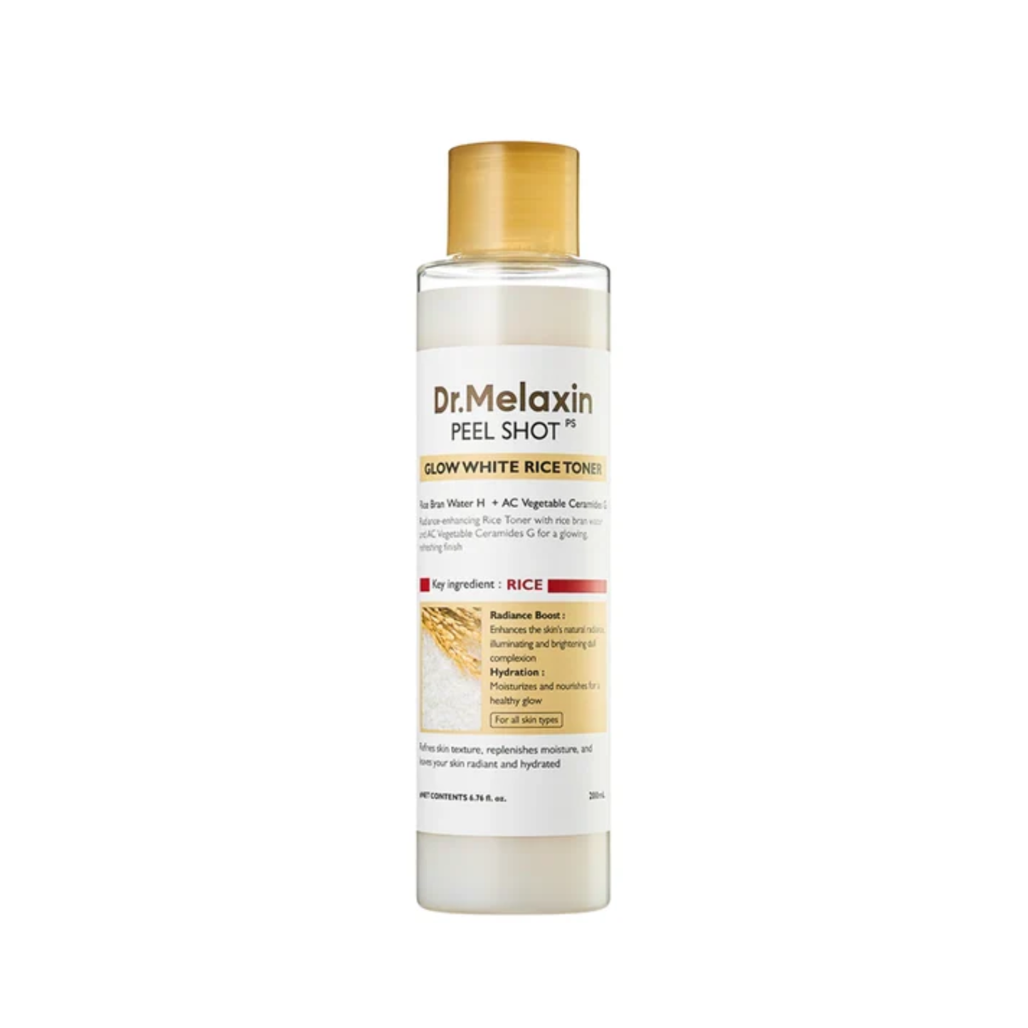 DR. MELAXIN Peel Shot Glow White Rice Toner is a lightweight Korean milky toner designed to hydrate, nourish, and brighten dull-looking skin. Formulated with Rice Bran Water, Rice Extract, Rice Amino Acids, Niacinamide, Panthenol, Galactomyces Ferment Filtrate, Hyaluronic Acid, Sodium Hyaluronate, and ceramide-supporting ingredients, it helps replenish moisture, smooth the skin, and support a more radiant complexion without a sticky finish. Best for: dull, dry, dehydrated, normal, combination, and uneven-lo