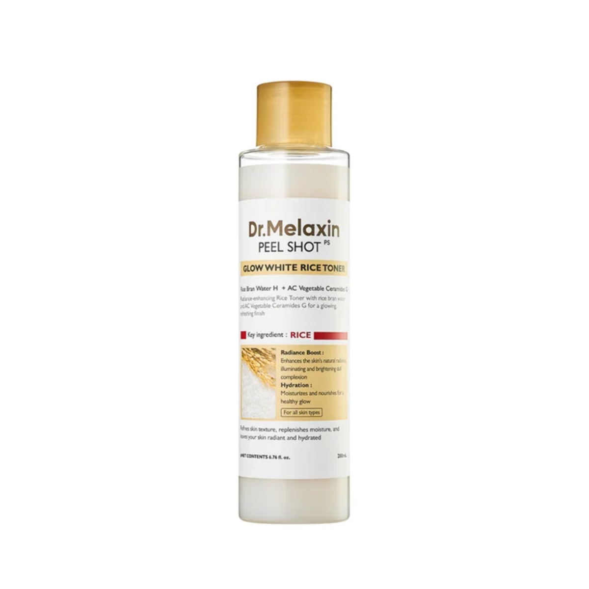 DR. MELAXIN Peel Shot Glow White Rice Toner is a lightweight Korean milky toner designed to hydrate, nourish, and brighten dull-looking skin. Formulated with Rice Bran Water, Rice Extract, Rice Amino Acids, Niacinamide, Panthenol, Galactomyces Ferment Filtrate, Hyaluronic Acid, Sodium Hyaluronate, and ceramide-supporting ingredients, it helps replenish moisture, smooth the skin, and support a more radiant complexion without a sticky finish. Best for: dull, dry, dehydrated, normal, combination, and uneven-lo