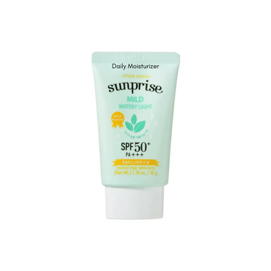 ETUDE HOUSE Sunprise Mild Watery Light Sunscreen provides lightweight hydration with a refreshing, non-greasy formula. Infused with Centella Asiatica, Aloe Vera, and Hyaluronic Acid, it soothes and moisturizes the skin, leaving it feeling soft and refreshed. Enriched with botanical extracts like Sunflower Seed Oil, Portulaca Oleracea, and Acerola, this sunscreen nourishes and helps maintain a healthy, balanced complexion. Its smooth, airy texture absorbs quickly, making it ideal for daily use.