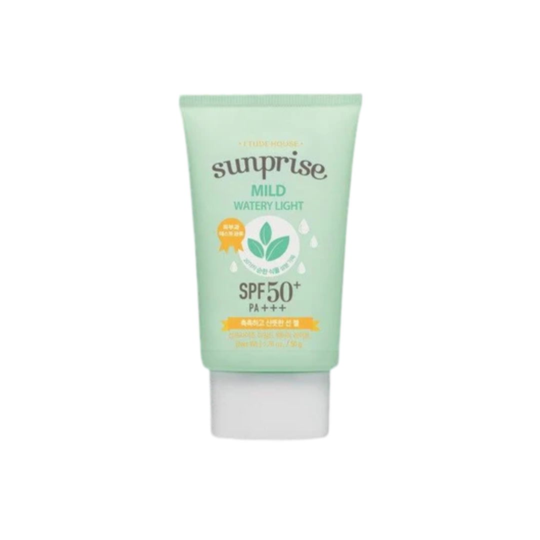 ETUDE HOUSE Sunprise Mild Watery Light Sunscreen delivers SPF50+ PA+++ protection with a refreshing and lightweight texture. Formulated with soothing ingredients like Centella Asiatica Extract, Portulaca Oleracea Extract, and Aloe Barbadensis Leaf Juice, it calms and hydrates the skin while shielding it from harmful UV rays. Enriched with Adansonia Digitata Seed Oil and Hydrolyzed Hyaluronic Acid, this sunscreen nourishes and locks in moisture without feeling greasy or sticky. Its mild, non-irritating form
