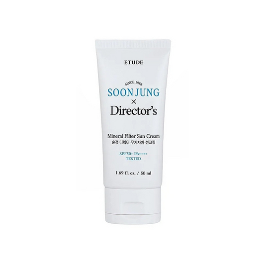 ETUDE Soonjung Director's Mineral Filter Sun Cream SPF50+ PA++++ is a soothing mineral sunscreen that provides effective sun protection while being gentle on sensitive skin. Formulated with Zinc Oxide and Titanium Dioxide, it shields the skin from harmful UV rays. Infused with Centella Asiatica Extract, Madecassoside, and Asiaticoside, it calms irritation and supports the skin barrier. Panthenol and Propanediol deliver hydration, ensuring skin feels soft and nourished. The lightweight, non-greasy texture bl