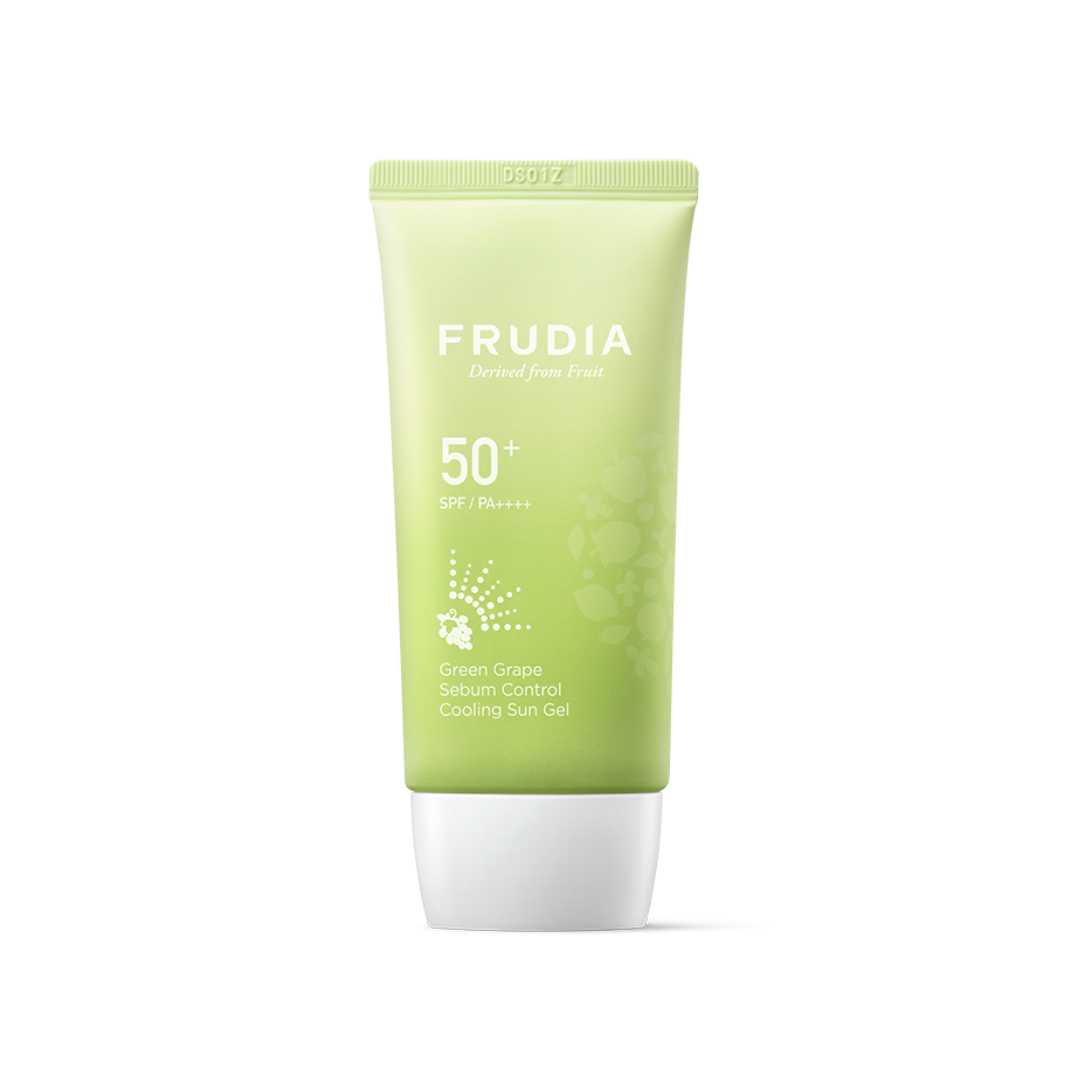 FRUDIA Green Grape Sebum Control Sun Gel SPF50+ PA++++ combines effective sun protection with oil control for a shine-free finish. Infused with Green Grape Extract and Niacinamide, it minimizes excess sebum and brightens the skin. The lightweight gel texture absorbs quickly without leaving a sticky residue, while ingredients like Hyaluronic Acid and Grapeseed Oil provide hydration and nourishment. Perfect for oily and combination skin types, this sun gel keeps your skin fresh, matte, and protected all day.