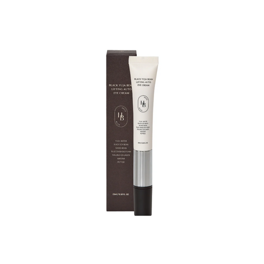 HEVEBLUE Black Yuja Bean Lifting Auto Eye Cream is a revitalizing eye treatment that brightens, firms, and deeply nourishes the delicate under-eye area. Enriched with Citrus Yuja Fruit Water and Niacinamide, it helps reduce dullness and improve skin tone, while Vigna Radiata Seed and Soybean Extracts boost elasticity and hydration. A blend of Collagen, Oat, and Wheat Peptides works to smooth fine lines, and Botanical Extracts provide antioxidant and soothing care. With its self-massaging applicator, this ey