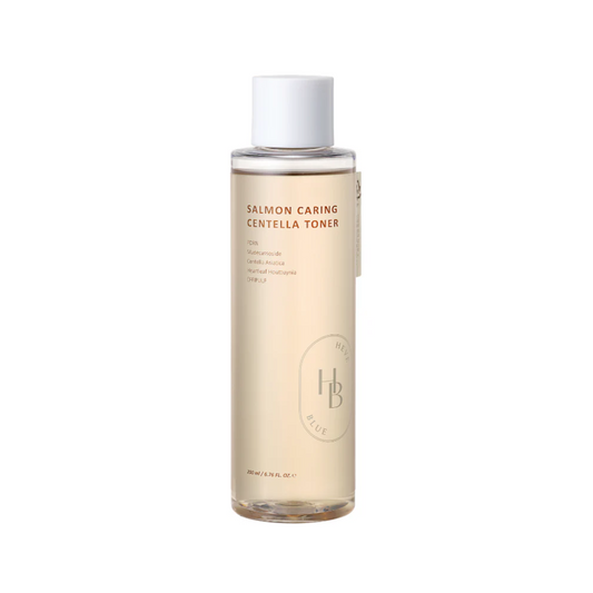 HEVEBLUE Salmon Caring Centella Toner is a soothing and hydrating toner designed to calm sensitive skin while boosting nourishment. Infused with Centella Asiatica Leaf Water and Houttuynia Cordata Water, it helps reduce redness and irritation. Sodium DNA and Salmon Egg Extract support skin regeneration, while Panthenol, Avocado, and Cocoa Extracts deliver deep hydration and antioxidant care. With added Madecassoside and Allantoin, this toner strengthens the skin barrier, leaving skin refreshed, smooth, and 