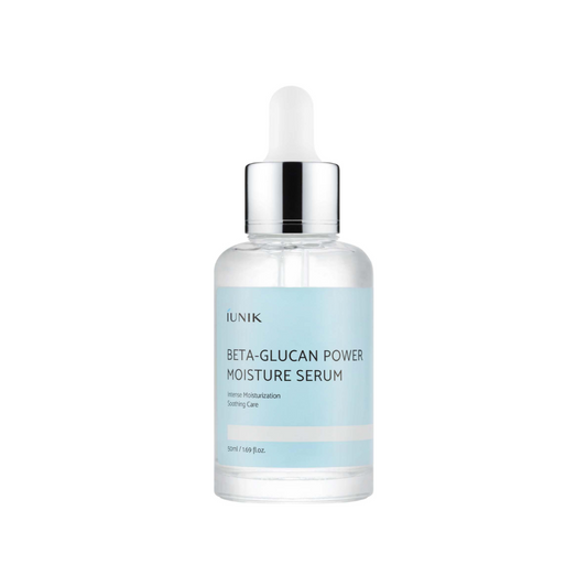 IUNIK Beta-Glucan Power Moisture Serum offers intense hydration to fortify your skin's moisture barrier. Rich in Beta-Glucan, this lightweight serum deeply nourishes, soothes, and plumps the skin, diminishing fine lines and improving texture. Suitable for all skin types, it delivers lasting moisture and absorbs seamlessly without any residue