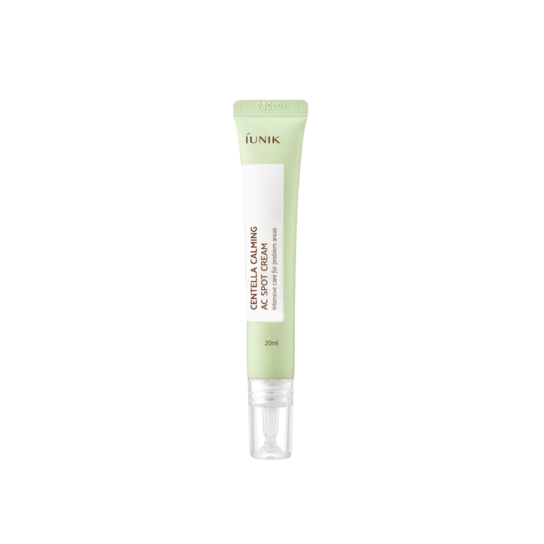IUNIK Centella Calming AC Spot Cream is a fast-acting treatment for breakouts, powered by 81% Centella Extract, Tea Tree, and gentle exfoliants like Willow Bark and LHA. It helps reduce redness, calm irritation, unclog pores, and speed up blemish healing while keeping the skin soothed and balanced.