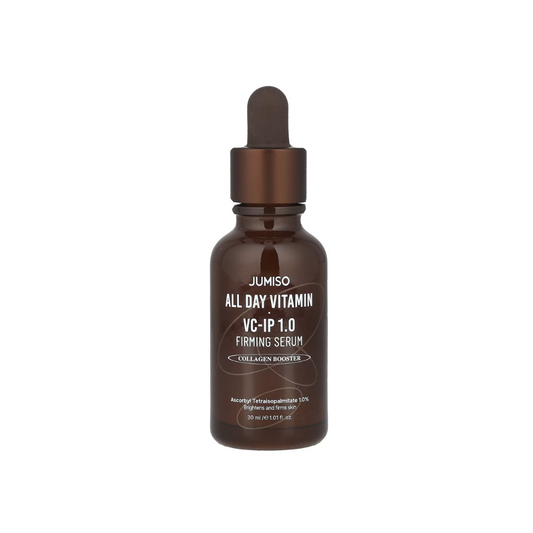 JUMISO All Day Vitamin VC-IP 1.0 Firming Serum is a revitalizing serum infused with Ascorbyl Tetraisopalmitate (a stable Vitamin C derivative), Tocopherol (Vitamin E), and Bakuchiol to brighten, firm, and reduce the appearance of fine lines. Enhanced with Niacinamide for an even skin tone and Centella Asiatica Oil to calm and soothe, this serum also contains Sodium Hyaluronate for deep hydration. Its lightweight formula absorbs quickly, leaving your skin smooth, radiant, and visibly firmer with regular use.