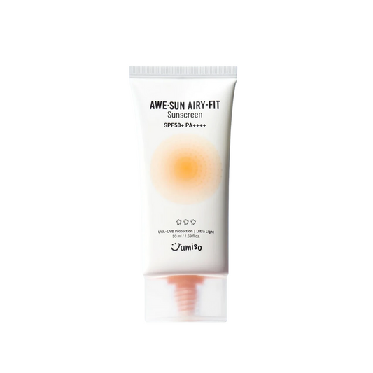 JUMISO Awe-Sun Airy-Fit Sunscreen SPF50+ PA++++ offers superior sun protection in a lightweight, fast-absorbing formula. Enriched with Bambusa Arundinacea Stem Extract and Niacinamide, it soothes, hydrates, and brightens the skin while helping to reduce redness and irritation. Sodium Hyaluronate and Panthenol deliver lasting hydration, leaving skin soft and moisturized. This sunscreen also contains Cardiospermum Halicacabum Flower Extract and Echium Plantagineum Seed Oil to calm sensitive skin and support t