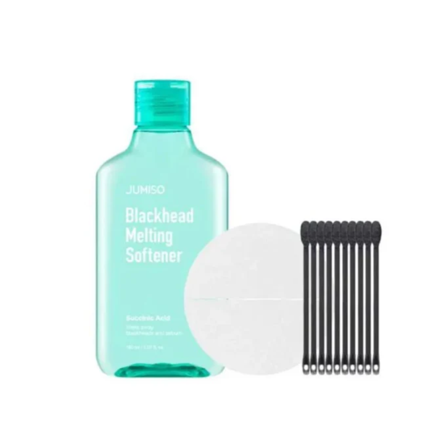 JUMISO Blackhead Melting Softener Special Kit is a gentle pore care set designed to help soften blackheads, loosen excess sebum, and refine the look of clogged pores. The kit includes the Blackhead Melting Softener and cotton pads for easy targeted use. Formulated with Succinic Acid, PHA, Cypress Water, and soothing botanical extracts, it helps smooth rough texture, reduce buildup, and keep the skin feeling calm and comfortable. Ideal for oily, combination, and blackhead-prone skin.
