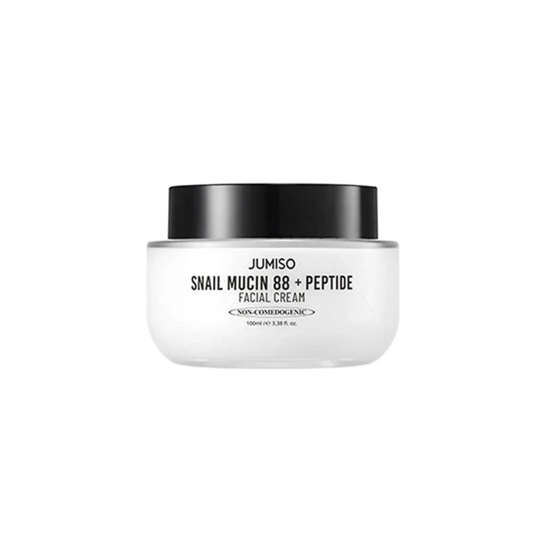 JUMISO Snail Mucin 88 + Multi-Peptide Facial Cream is a nourishing moisturizer packed with 88% Snail Mucin and a powerful blend of peptides to hydrate, repair, and improve skin elasticity. Niacinamide brightens the complexion, while Panthenol and Allantoin soothe and strengthen the skin barrier. Ideal for achieving smooth, firm, and radiant skin.