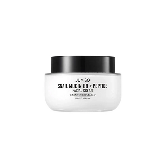 JUMISO Snail Mucin 88 + Multi-Peptide Facial Cream is a nourishing moisturizer packed with 88% Snail Mucin and a powerful blend of peptides to hydrate, repair, and improve skin elasticity. Niacinamide brightens the complexion, while Panthenol and Allantoin soothe and strengthen the skin barrier. Ideal for achieving smooth, firm, and radiant skin.
