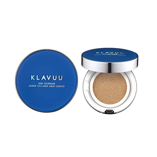 KLAVUU Blue Pearlsation High Coverage Marine Collagen Aqua Cushion provides flawless, high-coverage makeup with added skincare benefits. Enriched with Marine Extracts like Chondrus Crispus and Plankton Extract, along with Hydrolyzed Collagen and Pearl Extract, it hydrates, brightens, and nourishes your skin. This lightweight cushion includes Niacinamide for added radiance and Sodium Hyaluronate for deep hydration, ensuring a smooth and dewy finish. The SPF protection and soothing ingredients like Sea Whip E