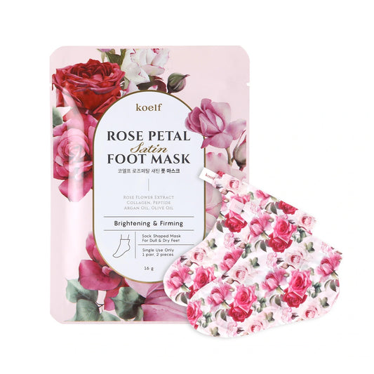 KOELF Rose Petal Satin Foot Mask delivers intensive care to restore softness and comfort to tired feet. Formulated with Rose Extract, Shea Butter, and Niacinamide, it provides rich nourishment while improving overall skin texture. Urea and Salicylic Acid work to smooth rough patches, while Ceramide NP and Hyaluronic Acid strengthen the moisture barrier for lasting hydration. Infused with natural oils like Olive, Argan, and Macadamia, plus peptides and amino acids, this mask leaves feet feeling silky, refres