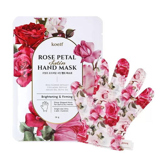 KOELF Rose Petal Satin Hand Mask is a convenient glove-type mask designed to pamper and rejuvenate dry hands. Enriched with Rose Extract, Shea Butter, and Niacinamide, it nourishes and revitalizes the skin for a smoother, more even look. Urea and Salicylic Acid help soften roughness, while Ceramide NP and Hyaluronic Acid provide deep hydration and strengthen the skin’s protective barrier. Infused with Olive and Argan Oils along with peptides and amino acids, this mask leaves hands feeling silky, supple, and