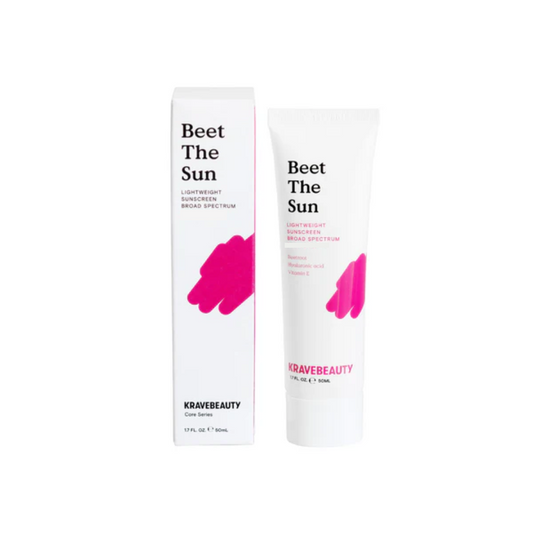 KRAVE BEAUTY Beet The Sun is a lightweight and hydrating formula designed to care for and protect your skin. Enriched with Beet Root Extract, it provides antioxidant benefits to keep your skin healthy and radiant. Infused with Hyaluronic Acid and Vitamin E, it delivers deep hydration while supporting the skin's barrier. With calming Willow Bark Extract and soothing Goldenrod Extract, this daily essential leaves your skin refreshed, balanced, and ready to face the day.