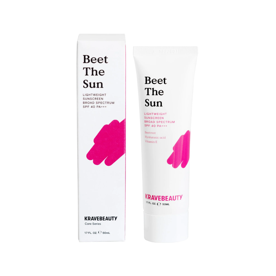 KRAVE BEAUTY Beet The Sun is a lightweight sunscreen that provides effective broad-spectrum protection while nourishing the skin. Infused with Beta Vulgaris (Beet) Root Extract and Hyaluronic Acid, it hydrates and revitalizes for a radiant complexion. Enriched with Salix Alba (Willow) Bark Extract and Solidago Virgaurea (Goldenrod) Extract, it soothes and calms, making it ideal for sensitive skin. With the addition of Tocopheryl Acetate (Vitamin E), this sunscreen also defends against environmental stressor