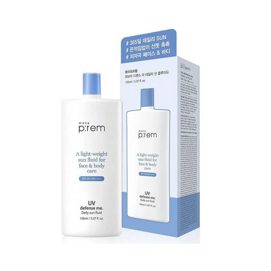 MAKE P:REM UV Defense Me Daily Sun Fluid is a lightweight, broad-spectrum sunscreen designed for daily use. Infused with Titanium Dioxide for powerful UV protection, it also features a blend of soothing ingredients like Centella Asiatica Extract and Cardiospermum Halicacabum Flower/Leaf/Vine Extract to calm and protect sensitive skin. Enriched with Moringa Oleifera Seed Extract, Rosa Damascena Flower Water, and Biosaccharide Gum-4, this sun fluid helps hydrate and nourish the skin while providing a smooth, 