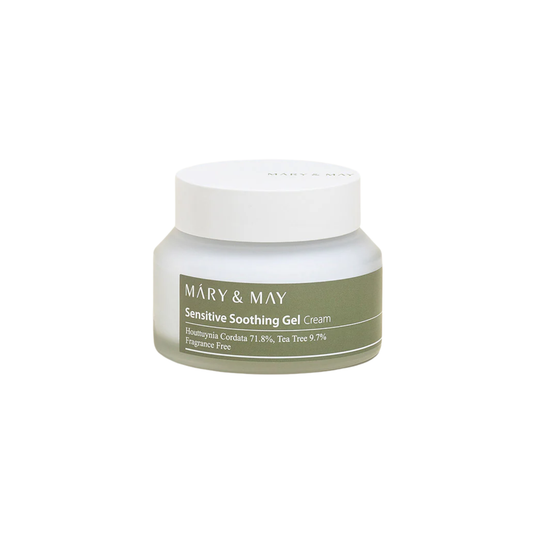 MARY & MAY Sensitive Soothing Gel Cream is a lightweight gel-cream that helps calm and hydrate sensitive skin. Formulated with Houttuynia Cordata Extract and Tea Tree Extract, it soothes irritation while multiple forms of Hyaluronic Acid provide long-lasting moisture. The fast-absorbing texture leaves skin feeling calm, soft, and refreshed without heaviness.