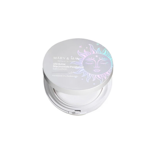 MARY & MAY Vegan Niacinamide Panthenol Sun Cushion is a gentle and hydrating sun protection solution designed to care for your skin. Infused with Niacinamide and Panthenol, it helps to brighten and soothe while reinforcing the skin barrier. Featuring Hyaluronic Acid for deep hydration and Vitamin E to protect against environmental stressors, this cushion leaves your skin smooth, balanced, and comfortably shielded. Its vegan formula is perfect for daily use, delivering a fresh, lightweight finish.